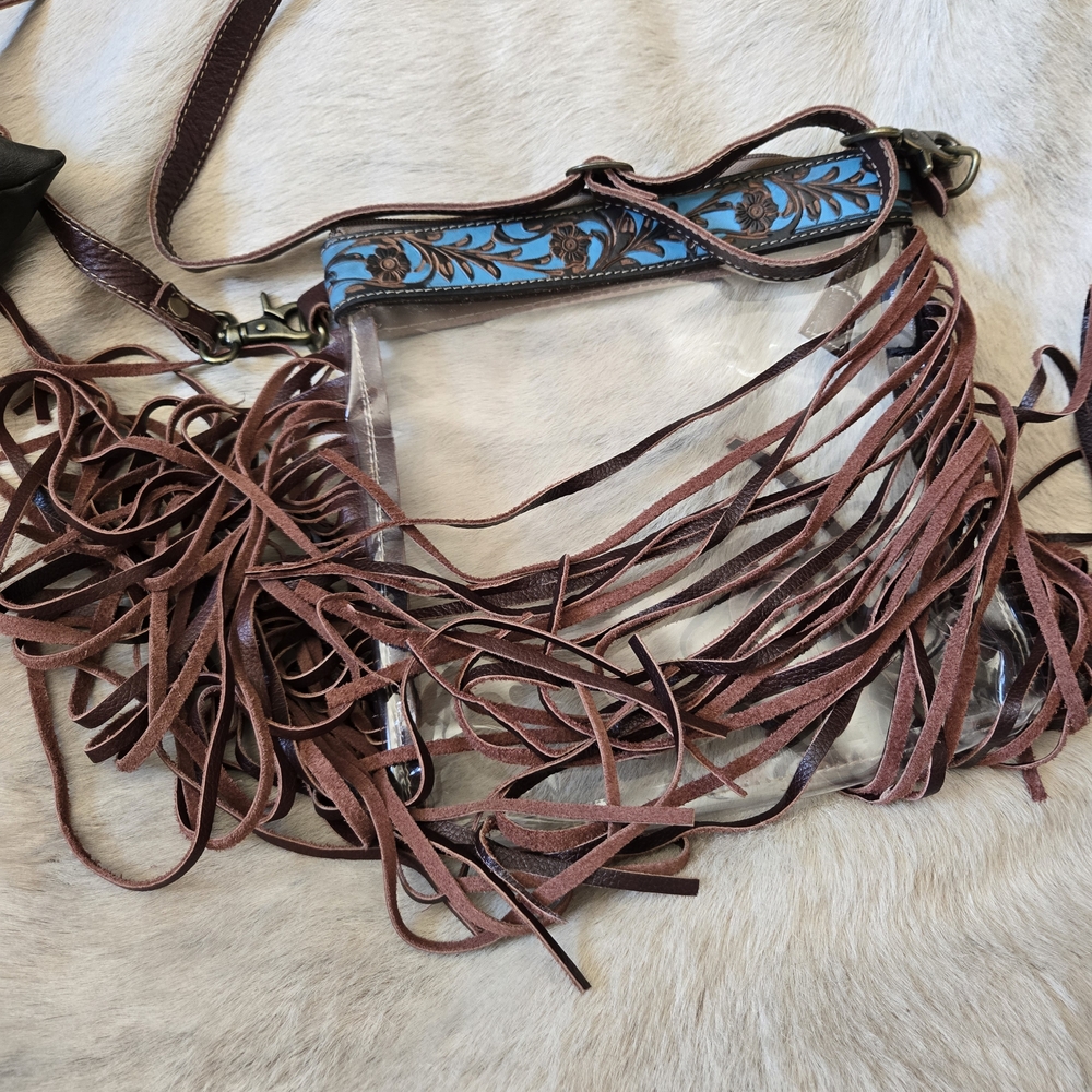 Myra Bag Clear Crossbody with Brown Fringe and Blue Accent